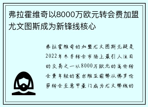 弗拉霍维奇以8000万欧元转会费加盟尤文图斯成为新锋线核心 弗拉霍维奇以8000万欧元转会费加盟尤文图斯成为新锋线核心